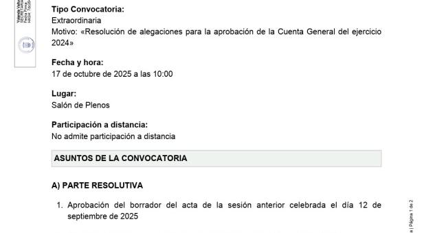Convocatoria a Pleno sesión extraordinaria, viernes 17 de octubre a las 10:00 h